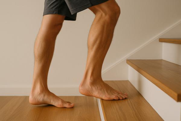 Ejercicios para la fascitis plantar en casa - Estiramiento de la pierna en un escalón